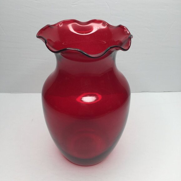 Indiana Glass Co Ruby Red #31000 Crimped 8" Vase Scalloped Edge Wide Mouth - Picture 4 of 13